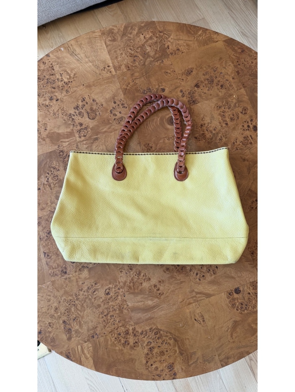 Plinio Visona Yellow Leather Tote Bag with Brown Braided Handles